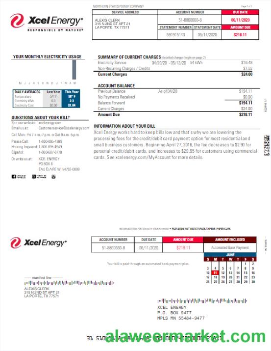 USA XCEL ENERGY utility bill Word and PDF template